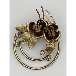 Vintage Floral Circle Wreath Gold Tone Flowers Clear Rhinestones Accents